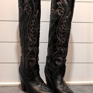 Steve Madden Black Embroidered Knee-High Women's Cowboy Boots